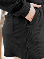 LIZAKOSHT - Ribbed Round Neck Long Sleeve Top and Shorts Set