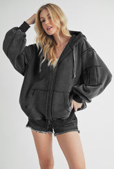 LIZAKOSHT - Exposed Seam Zip Up Drawstring Hooded Jacket