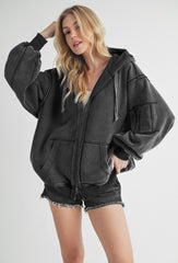 LIZAKOSHT  -  Exposed Seam Zip Up Drawstring Hooded Jacket