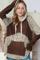 LIZAKOSHT - Leopard Ribbed Patchwork Drawstring Hoodie