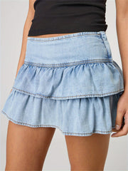 LIZAKOSHT - Women's Y2K-Inspired Low-Rise Ruffle Denim Mini Skirt - A-Line Cut, Light Wash Blue, Casual Tiered Hem, Machine Washable, Perfect for Spring/Summer, Spring Fashion | Tiered Hem Skirt | Polyester Denim, Denim Ski