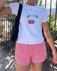 LIZAKOSHT - Women's Cherry Print Round Neck Graphic Tee, Vintage Trendy Casual Short Sleeve T-shirt For Daily Wear, Ladies Summer Outfit