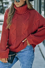 LIZAKOSHT - Cable-Knit Turtleneck Dropped Shoulder Sweater