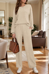 LIZAKOSHT - Round Neck Long Sleeve Top and Pants Set