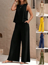 LIZAKOSHT - Women's Solid Sleeveless Tank Top & Wide Leg Pants Two-piece Set, Casual Basic Round Neck Top & Pocket Trousers for Summer, Ladies Clothes for Daily Wear, Summer Outfits 2024