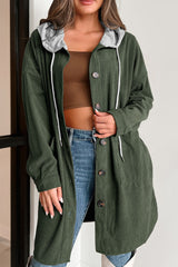 LIZAKOSHT  -  Drawstring Button Up Long Sleeve Hooded Jacket