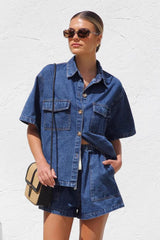 LIZAKOSHT - Collared Neck Button Up Top and Shorts Denim Set