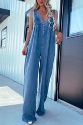 LIZAKOSHT - V-Neck Wide Leg Denim Jumpsuit