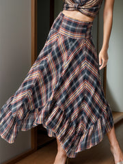 LIZAKOSHT - Plaid Asymmetrical Ruffle Hem Skirt