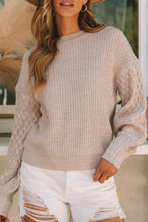 LIZAKOSHT - Cable-Knit Round Neck Dropped Shoulder Sweater