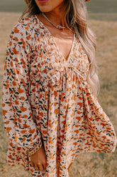 LIZAKOSHT - Smocked Printed V-Neck Long Sleeve Dress