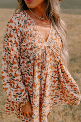 LIZAKOSHT - Smocked Printed V-Neck Long Sleeve Dress