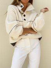 LIZAKOSHT - Waffle-Knit Half Button Long Sleeve Sweater