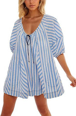 LIZAKOSHT - Womens Striped Romper Casual Loose Puff Sleeve Wide Leg Jumpsuit Overall with Pockets