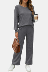 LIZAKOSHT - Round Neck Long Sleeve Top and Pants Set