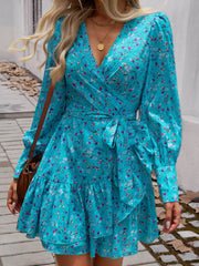 LIZAKOSHT - Devine Ruffled Printed Surplice Long Sleeve Mini Dress