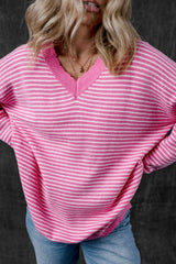 LIZAKOSHT - Striped V-Neck Dropped Shoulder Sweater