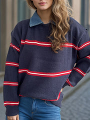 LIZAKOSHT - Contrast Stripes Round Neck Long Sleeve Sweater