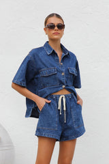 LIZAKOSHT - Collared Neck Button Up Top and Shorts Denim Set