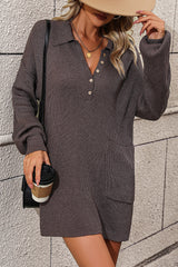 LIZAKOSHT - Collared Neck Long Sleeve Sweater Dress with Pockets