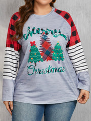 LIZAKOSHT - Plus Size Christmas Tree Plaid Round Neck Long Sleeve T-Shirt
