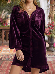 LIZAKOSHT - Collared Neck Button Down Long Sleeve Mini Dress