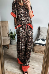 LIZAKOSHT  -  Contrast Trim Leopard Round Neck Top and Pants Lounge Set