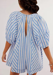 LIZAKOSHT - Womens Striped Romper Casual Loose Puff Sleeve Wide Leg Jumpsuit Overall with Pockets