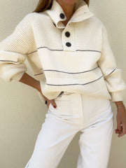 LIZAKOSHT - Waffle-Knit Half Button Long Sleeve Sweater