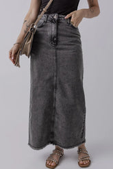 LIZAKOSHT - Raw Hem Midi Denim Skirt with Pockets