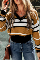 LIZAKOSHT - Contrast Stripes V Neck Long Sleeve Sweater