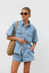 LIZAKOSHT - Collared Neck Button Up Top and Shorts Denim Set