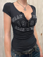 LIZAKOSHT - Devine Letter Notched Short Sleeve T-Shirt