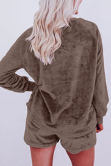 LIZAKOSHT - Round Neck Long Sleeve Top and Shorts Lounge Set