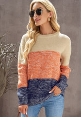 LIZAKOSHT - Color Block Round Neck Long Sleeve Sweater