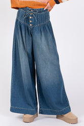 LIZAKOSHT  -  Smocked Waist Band Wide Leg Jeans