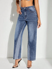LIZAKOSHT  -  Contrast Patchwork Straight Jeans with Pockets