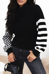 LIZAKOSHT - Striped & Checkered Turtleneck Dropped Shoulder Sweater