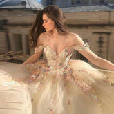 Lizakosht Fairy Ball Gown Princess Prom Dresses Off the Shoulder Sweetheart Floral Appliques Formal Party Dresses Tulle Long Evening Gowns