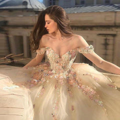 Lizakosht Fairy Ball Gown Princess Prom Dresses Off the Shoulder Sweetheart Floral Appliques Formal Party Dresses Tulle Long Evening Gowns