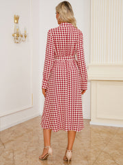 LIZAKOSHT - Tied Houndstooth Long Sleeve Midi Dress