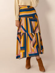 LIZAKOSHT - Ruched Elastic Waist Contrast Midi Skirt