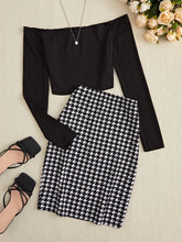 LIZAKOSHT - Off-Shoulder Long Sleeve Top and Houndstooth Skirt Set