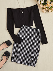 LIZAKOSHT - Off-Shoulder Long Sleeve Top and Houndstooth Skirt Set