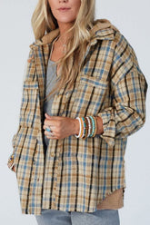 LIZAKOSHT - Drawstring Waffle Knit Patchwork Hooded Plaid Shacket