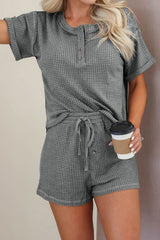 LIZAKOSHT - Waffle-Knit Short Sleeve Top and Shorts Lounge Set