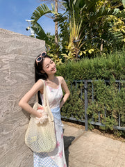 LIZAKOSHT - Women'S Vacation-Style Floral Check Dress with Lace Detail - Sleeveless, A-Line, Long Summer Dress for Adults, Lightweight Fabric, Perfect for Beach or Poolside, Beach Attire|Floral Print Dress|Lace Detailing, B