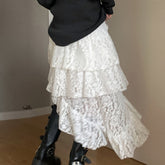 LIZAKOSHT - Women'S Summer Lace Skirt High Waist Asymmetric Ruffled Hem Skirt Elegant A-Line Midi Skirts