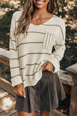 LIZAKOSHT - Striped V-Neck Drop Shoulder Sweater