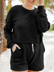 LIZAKOSHT - Ribbed Round Neck Long Sleeve Top and Shorts Set